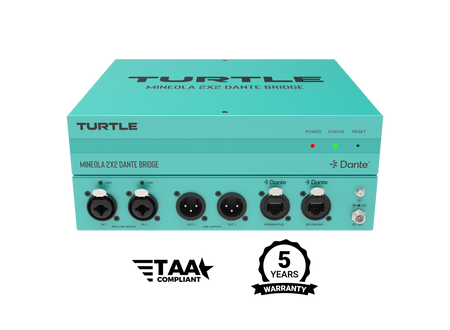 Turquoise audio device box with 'Turtle' branding and certification logos on a white background