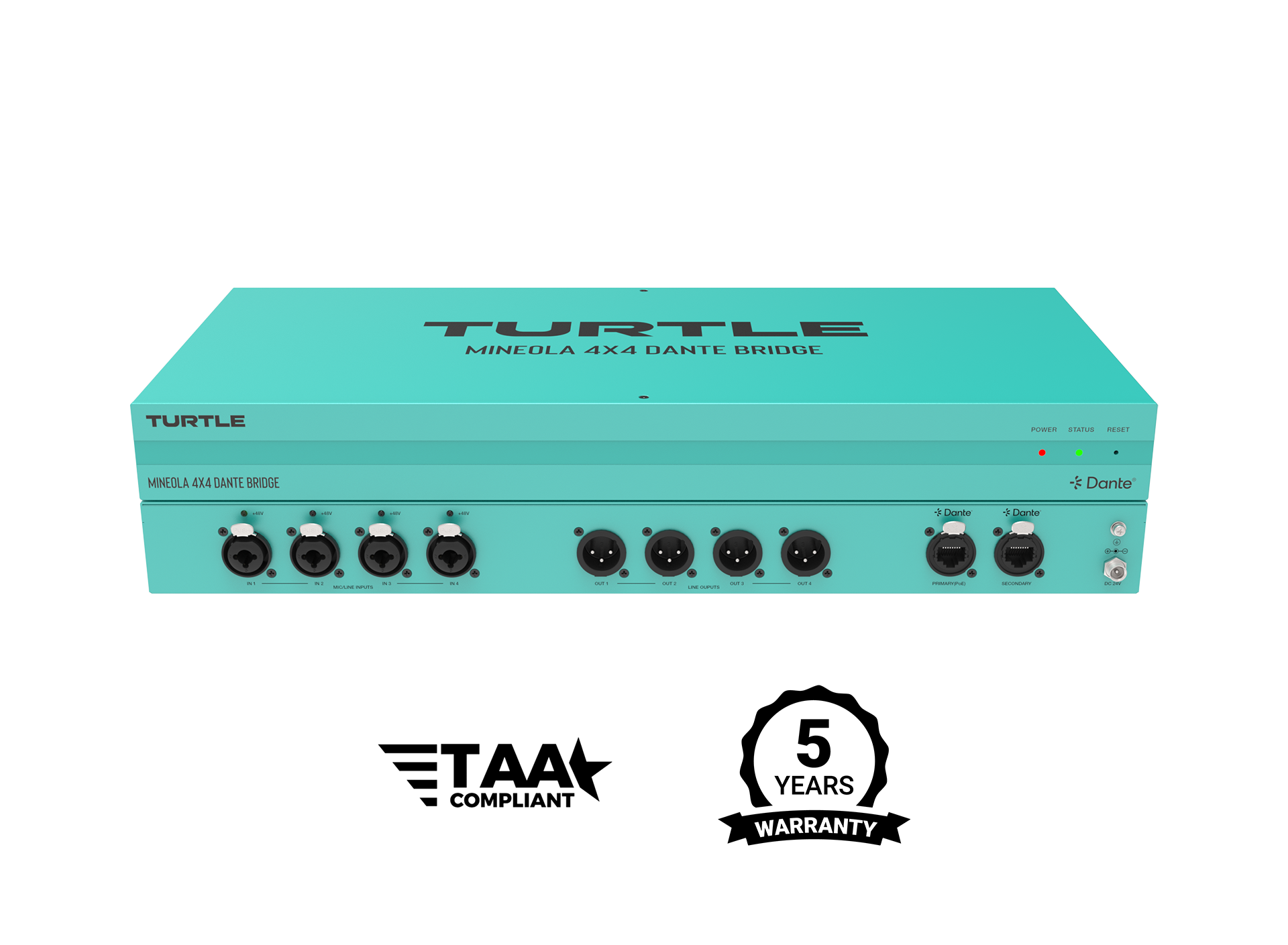 Turquoise audio equipment with 'Turtle' branding on a white background, featuring TAA compliance and warranty logos.