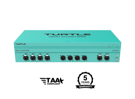Turquoise audio equipment with 'Turtle' branding on a white background, featuring TAA compliance and warranty logos.