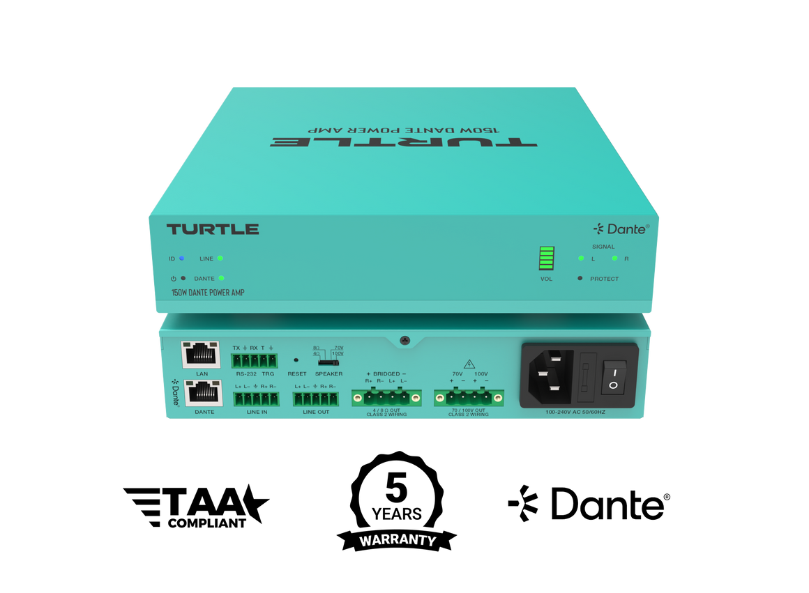 Turquoise electronic device with 'Turtle' branding on a white background, featuring certification logos.