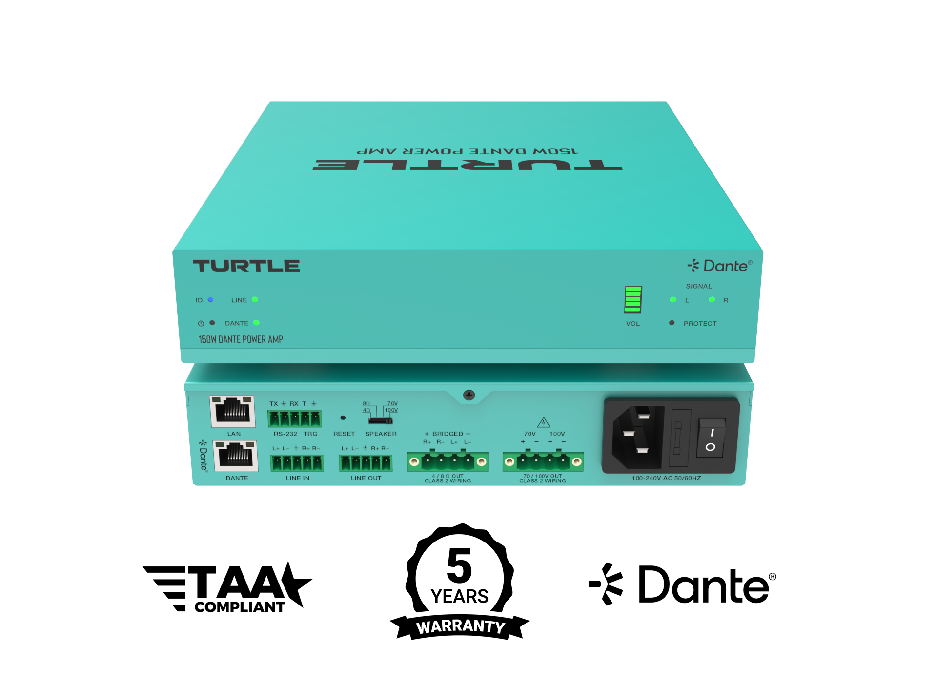 Turquoise electronic device with 'Turtle' branding on a white background, featuring certification logos.