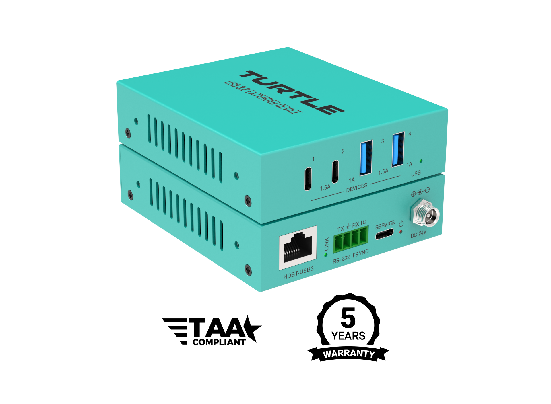 Turquoise electronic device with 'TURTLE' branding, TAA compliance logo, and 5-year warranty badge on a white background.
