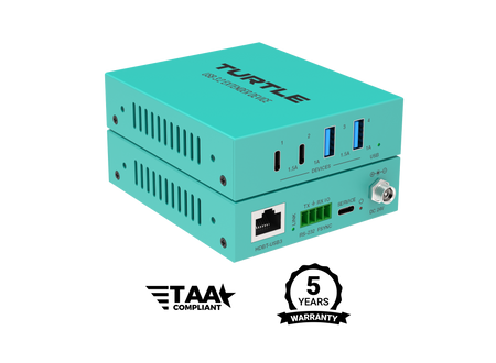 Turquoise electronic device with 'TURTLE' branding, TAA compliance logo, and 5-year warranty badge on a white background.