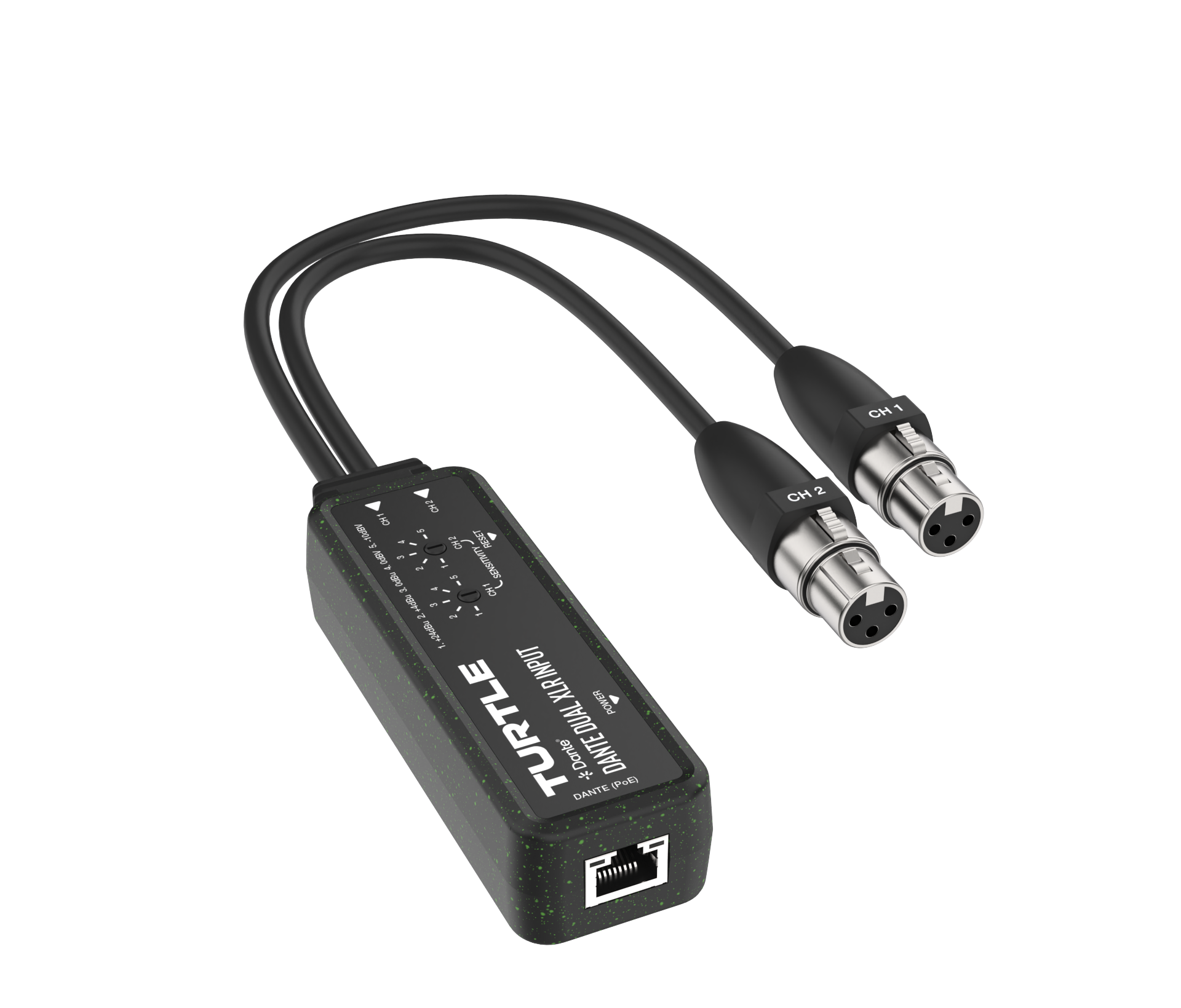 Turtle audio adapter with two XLR cables on a white background