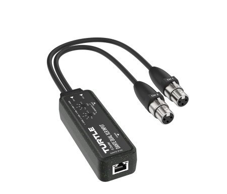 Turtle audio adapter with two XLR cables on a white background