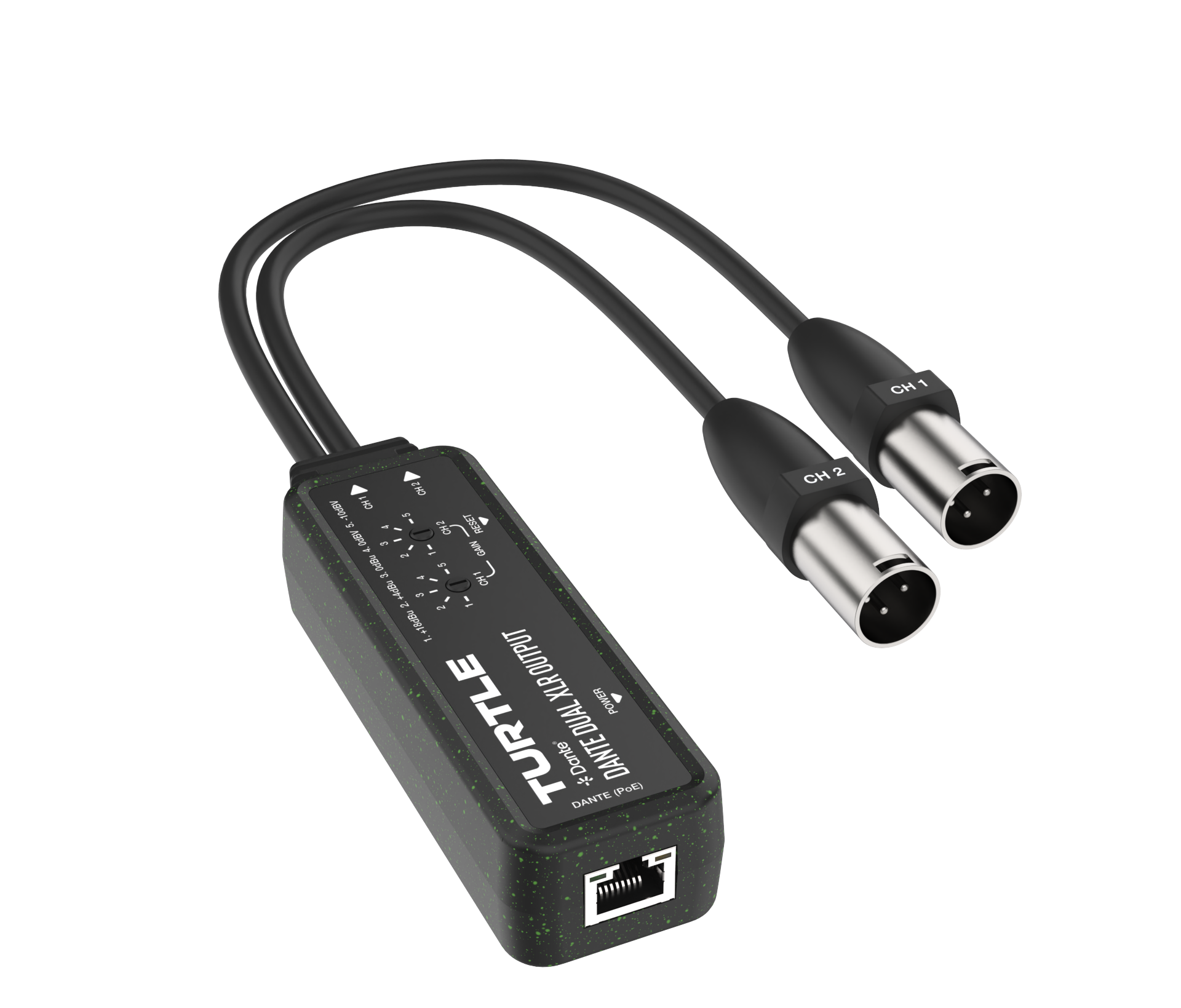 Turtle audio interface with two XLR cables on a white background