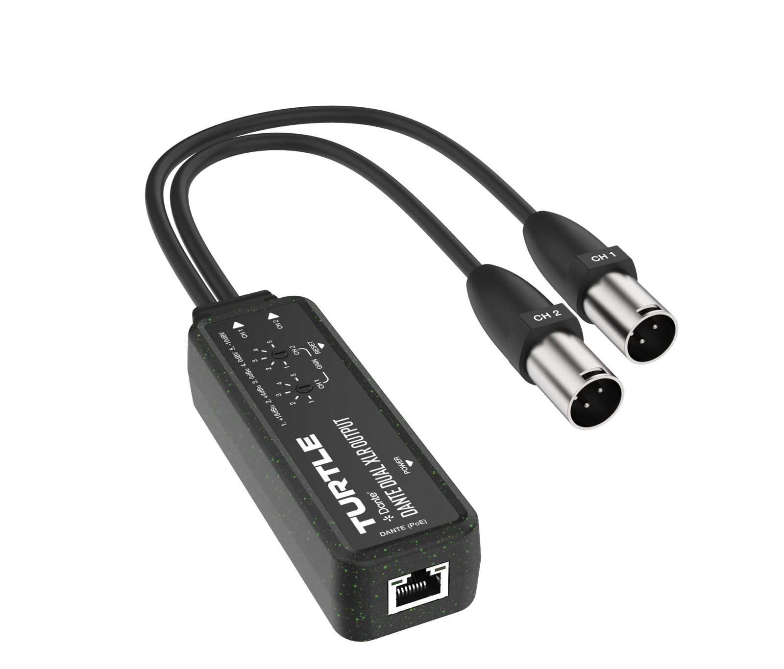 Turtle audio interface with two XLR cables on a white background