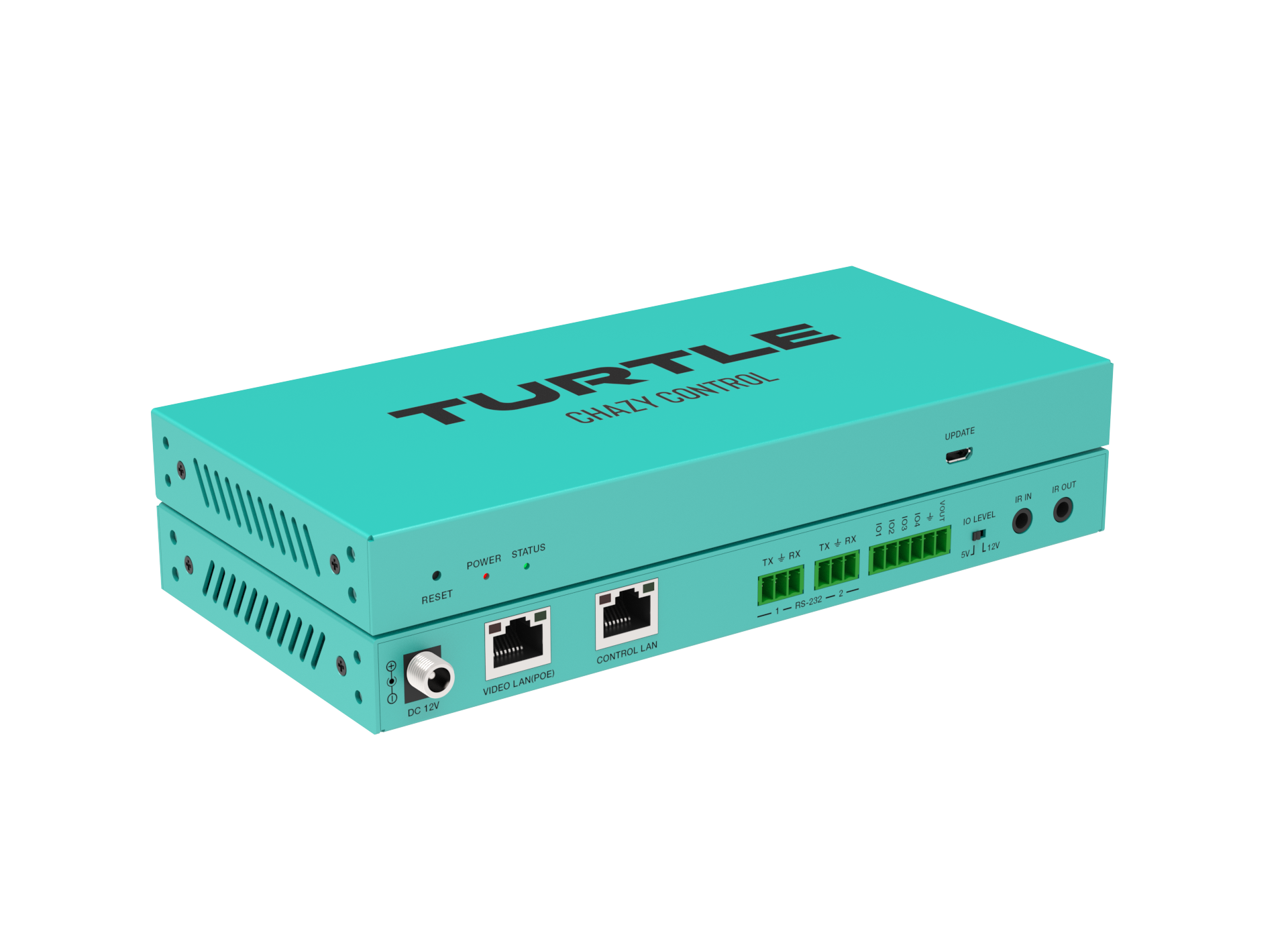 Turquoise electronic device with 'Turtle' branding on a white background