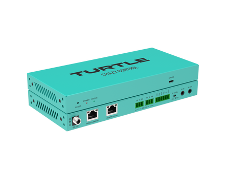Turquoise electronic device with 'Turtle' branding on a white background