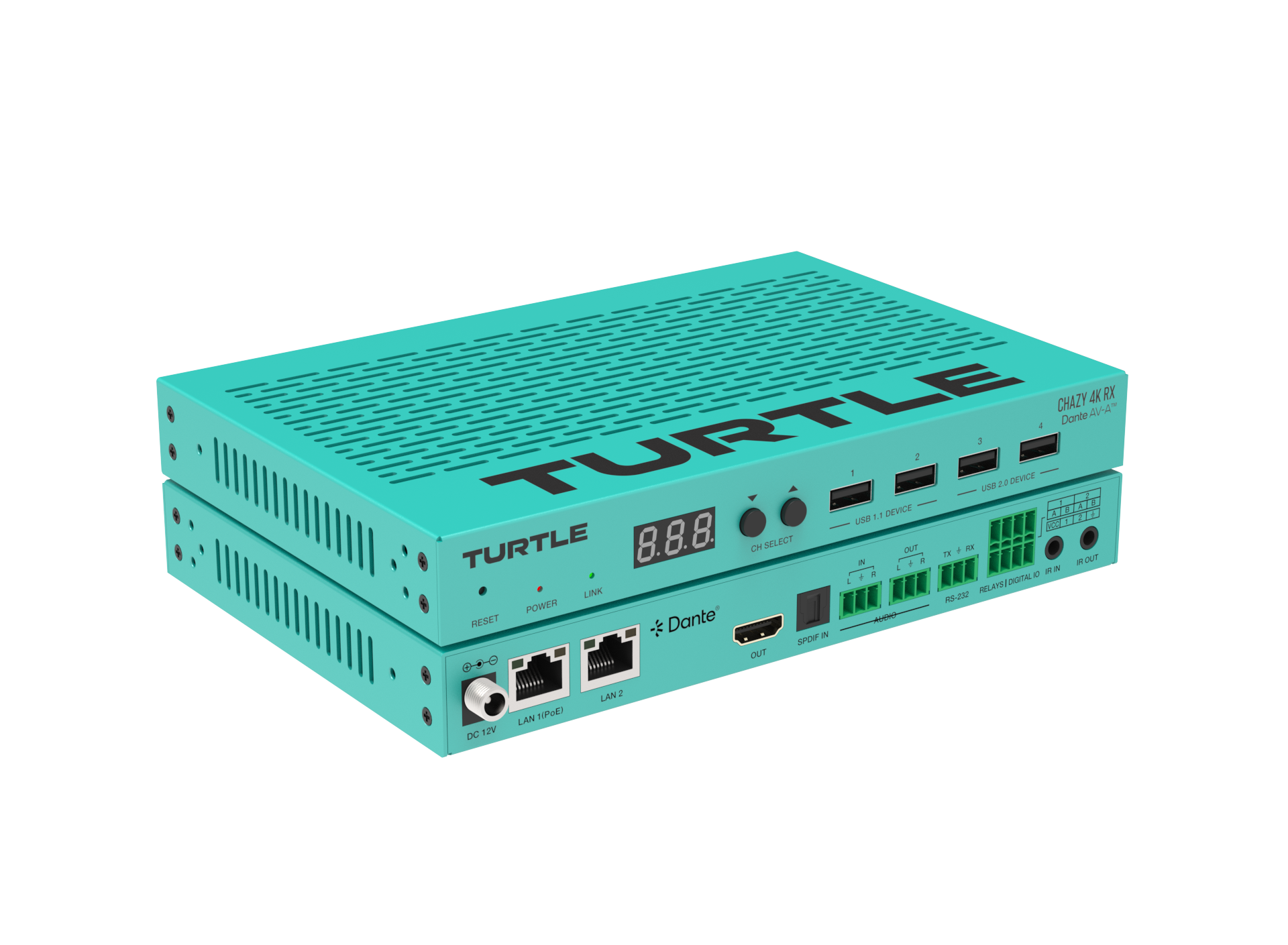 Turquoise electronic device with 'TURTLE' branding on a white background