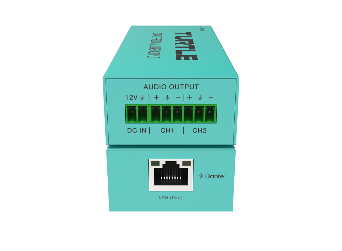Turquoise electronic device packaging with audio output and Dante connectivity information on a white background