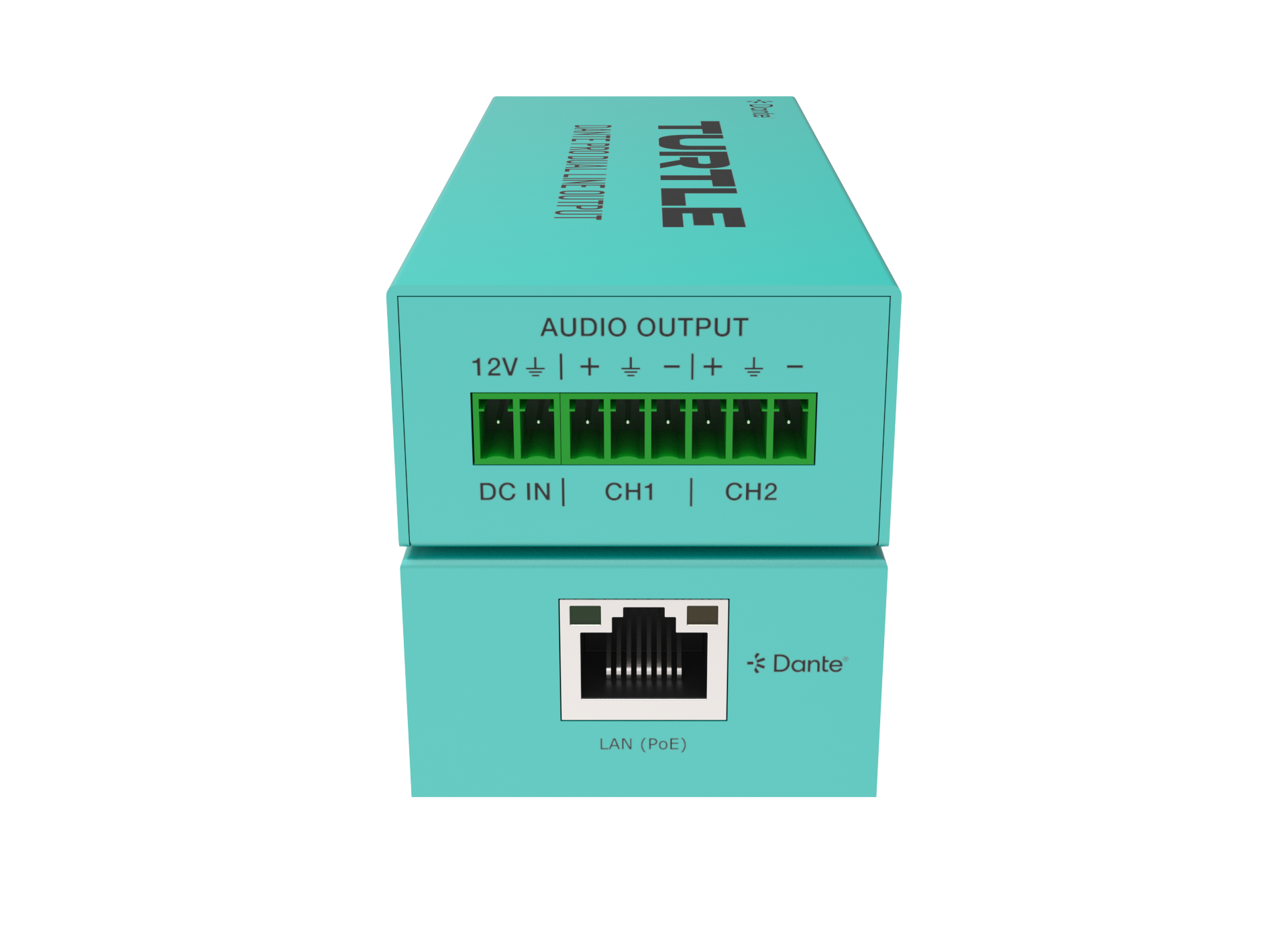Turquoise electronic device packaging with audio output and Dante connectivity information on a white background