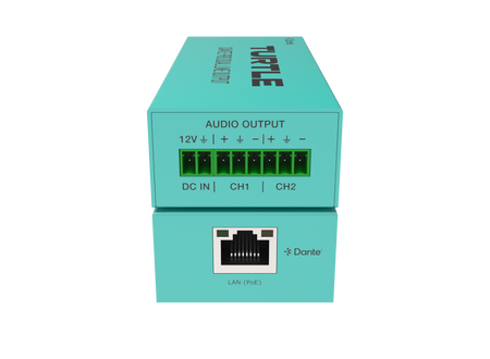 Turquoise electronic device packaging with audio output and Dante connectivity information on a white background