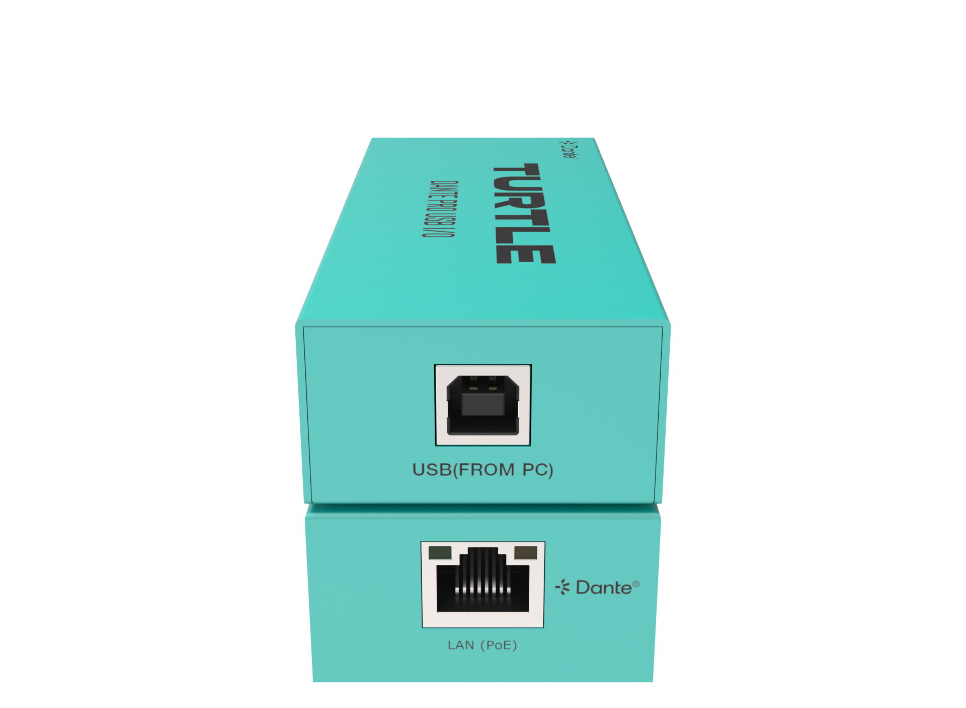 Turquoise box with technical connectors on a white background