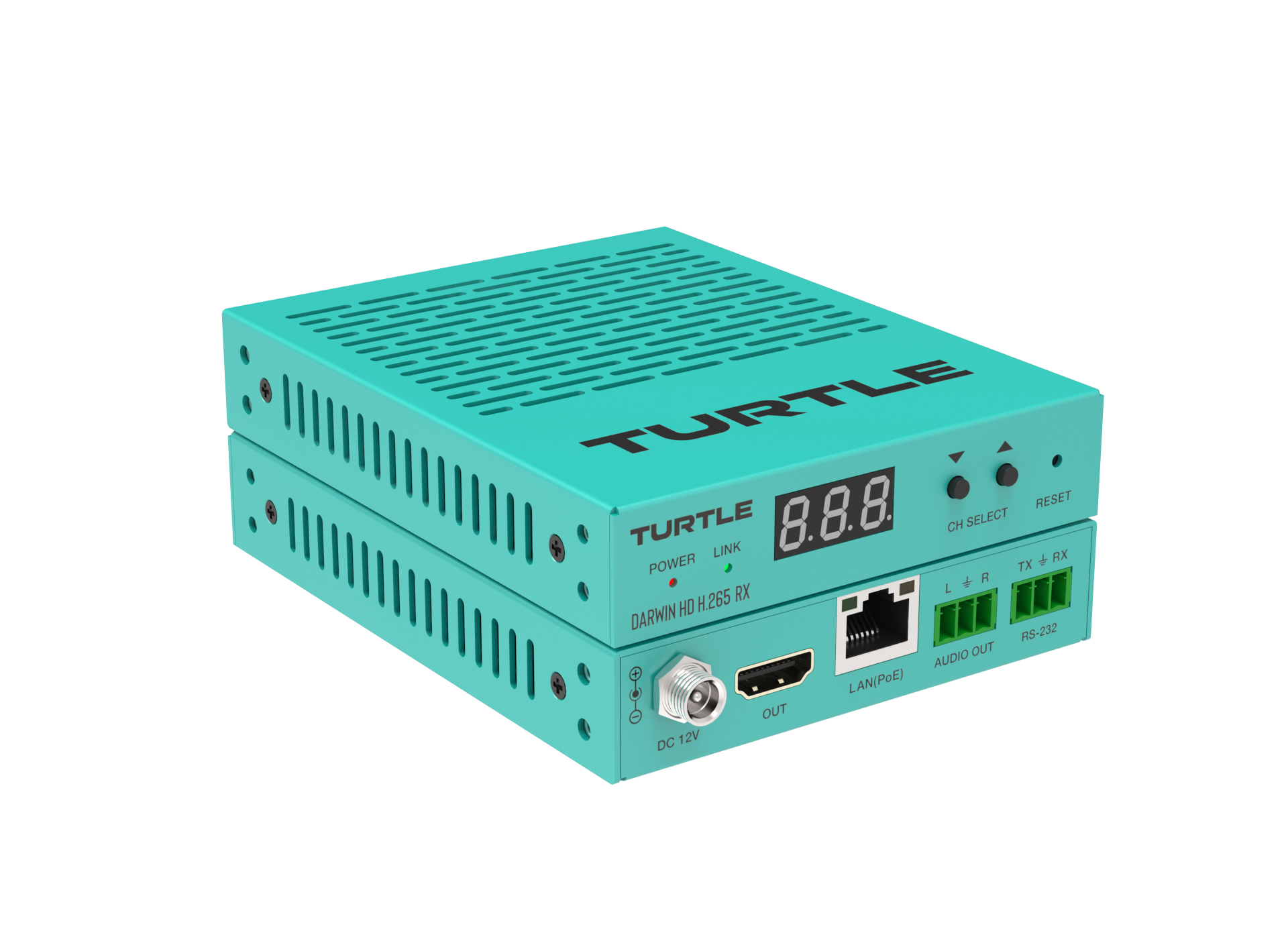 Turquoise electronic device with 'TURTLE' branding on a white background
