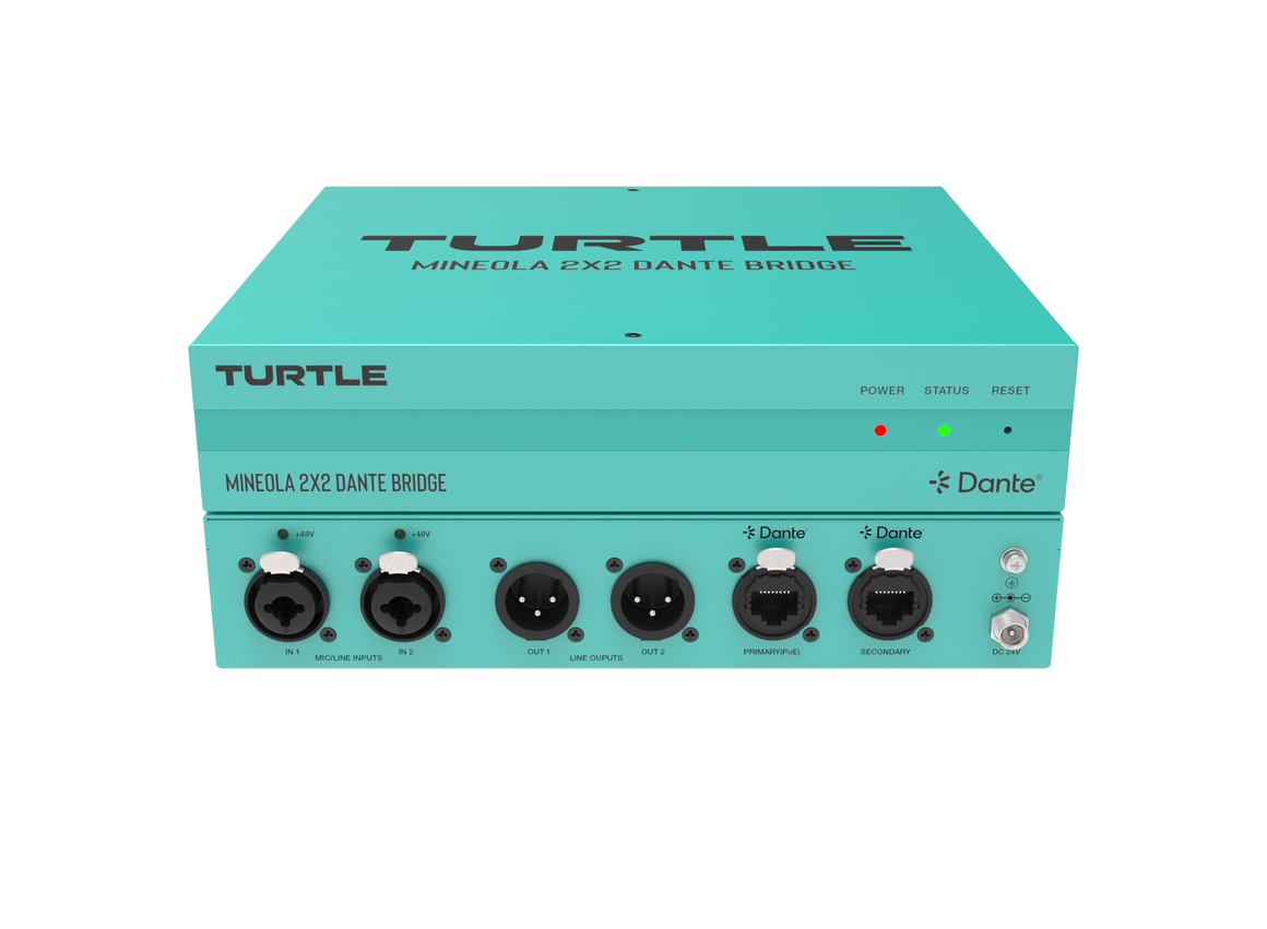 Turquoise audio equipment box with 'Turtle' branding on a white background