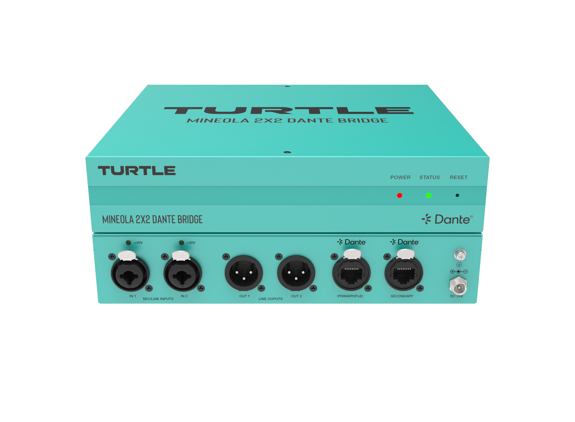 Turquoise audio equipment box with 'Turtle' branding on a white background