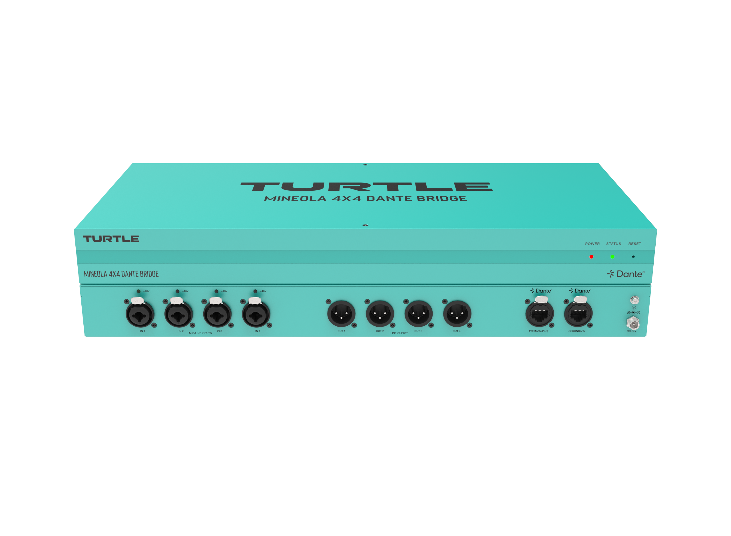 Turquoise audio device with 'Turtle' branding on a white background