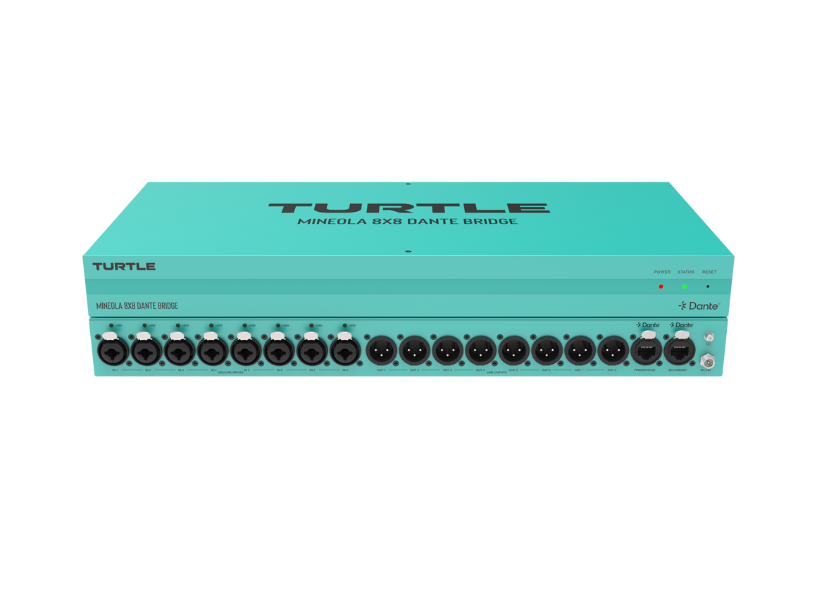 Teal audio device with multiple ports on a white background