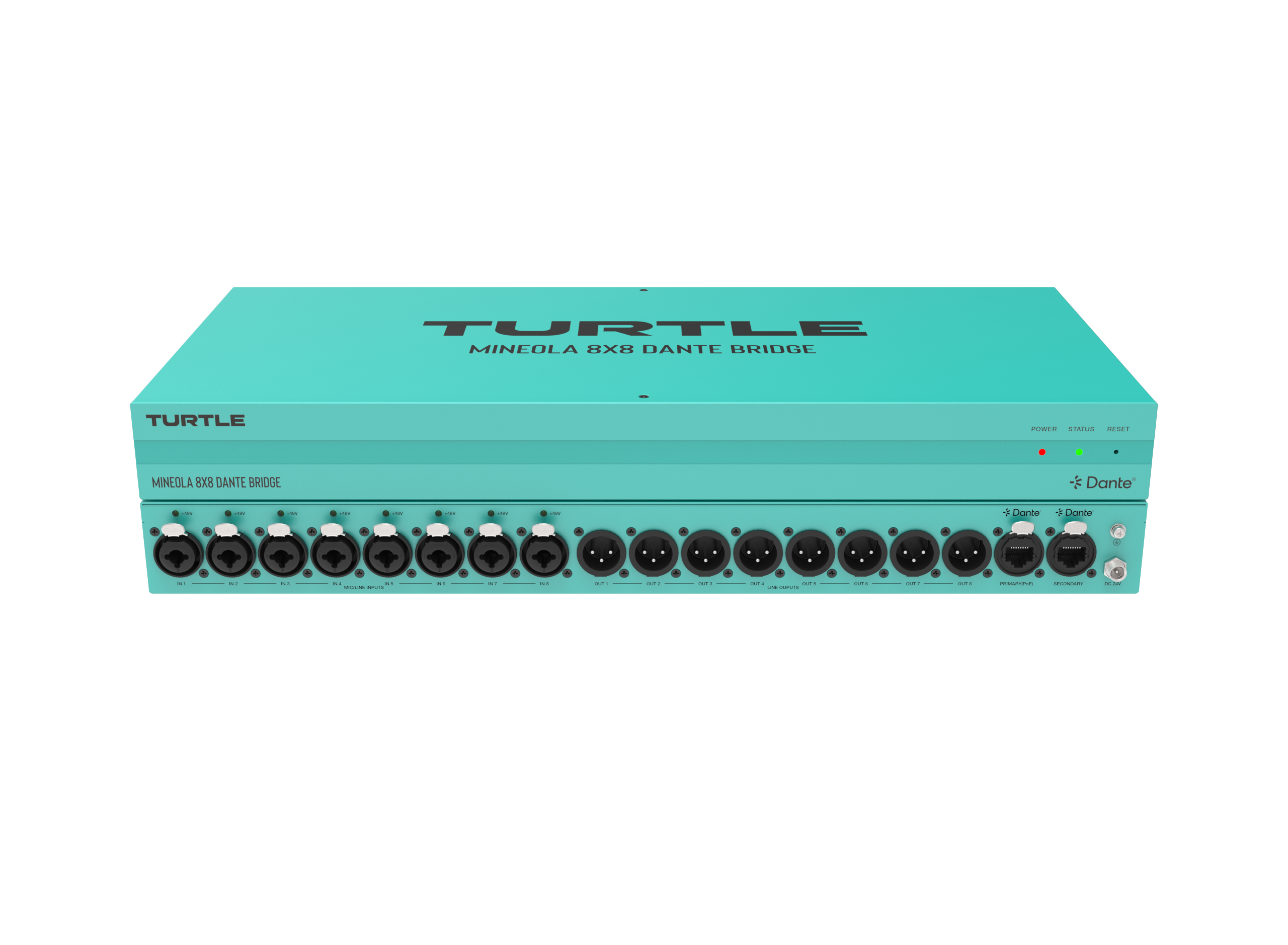 Teal audio device with multiple ports on a white background