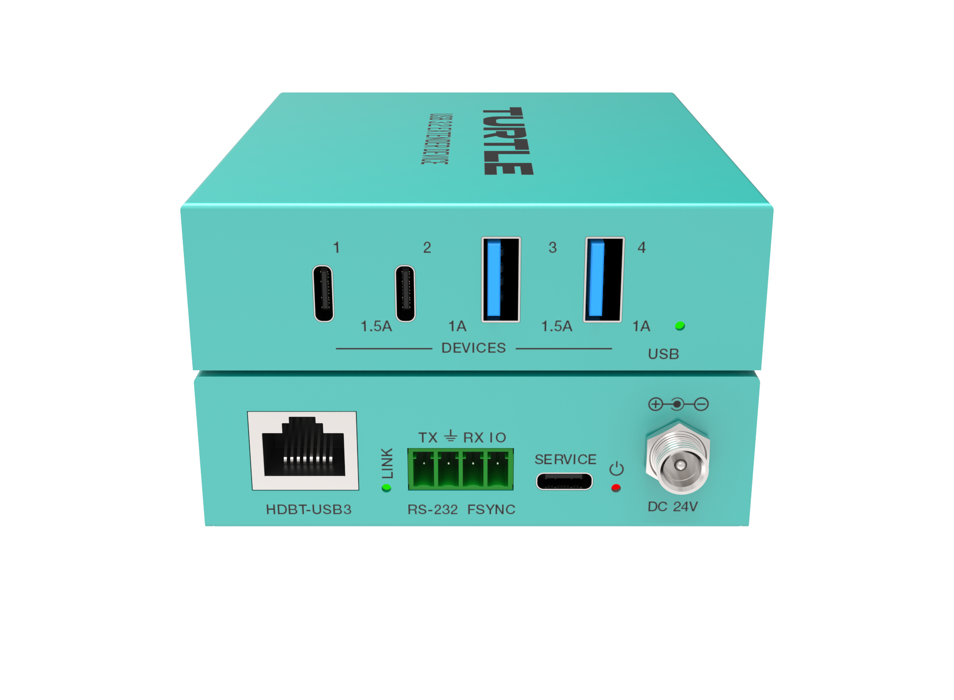 Turquoise electronic device with various ports and labels on a white background