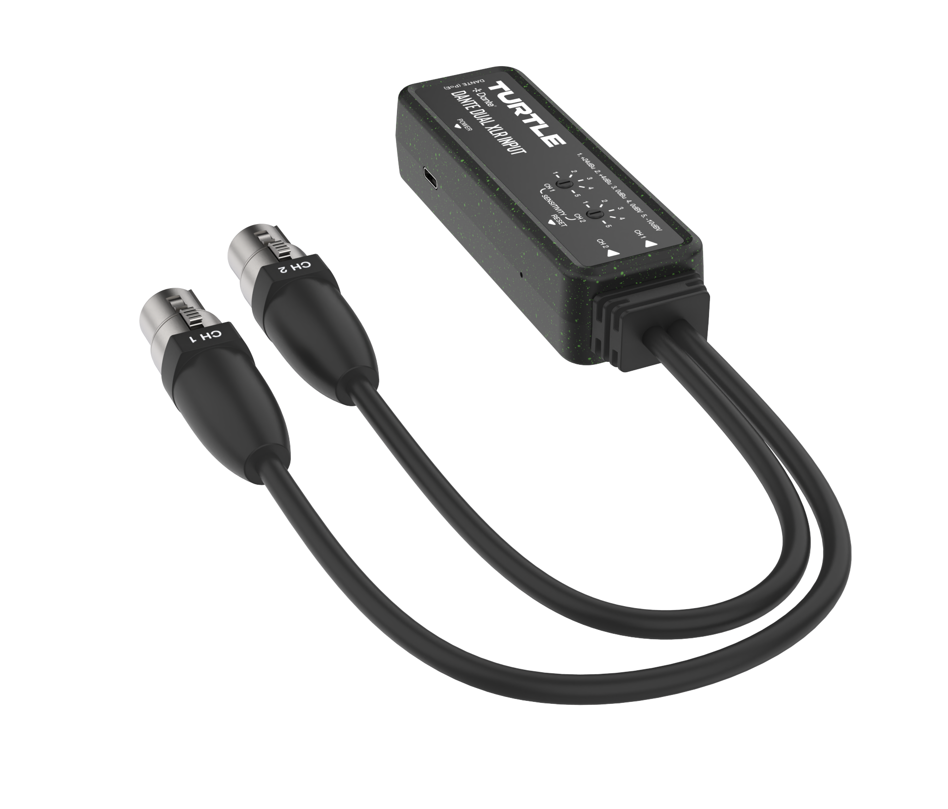 Black electronic device with connectors on a white background