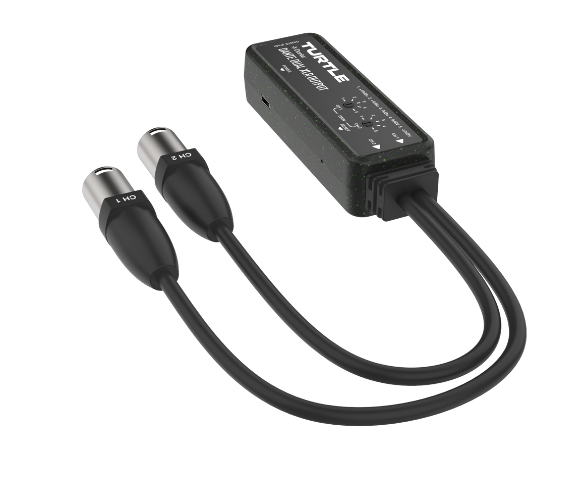 Black audio adapter with two XLR connectors on a white background