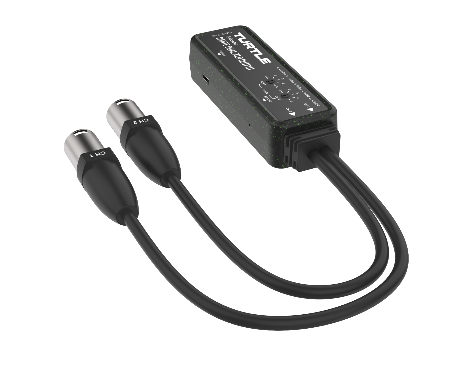 Black audio adapter with two XLR connectors on a white background