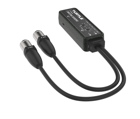 Black audio adapter with two XLR connectors on a white background