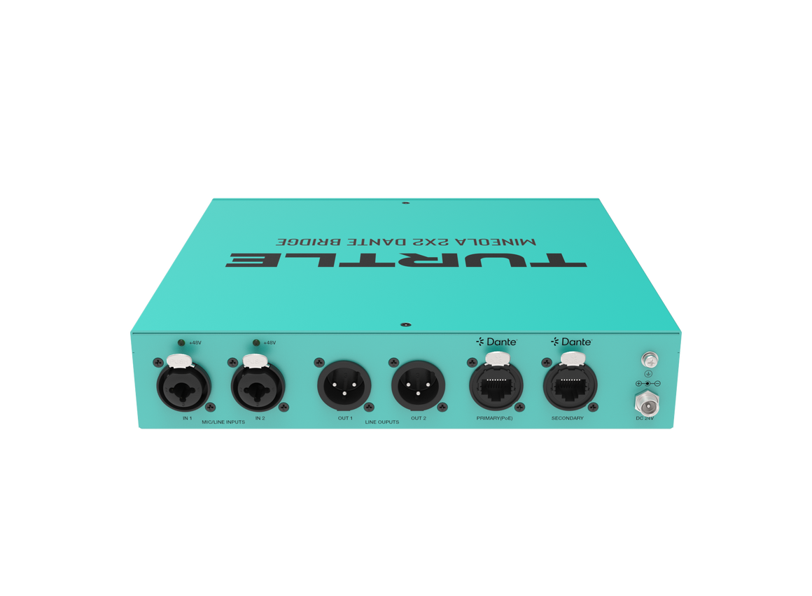 Turquoise audio interface with multiple ports on a white background