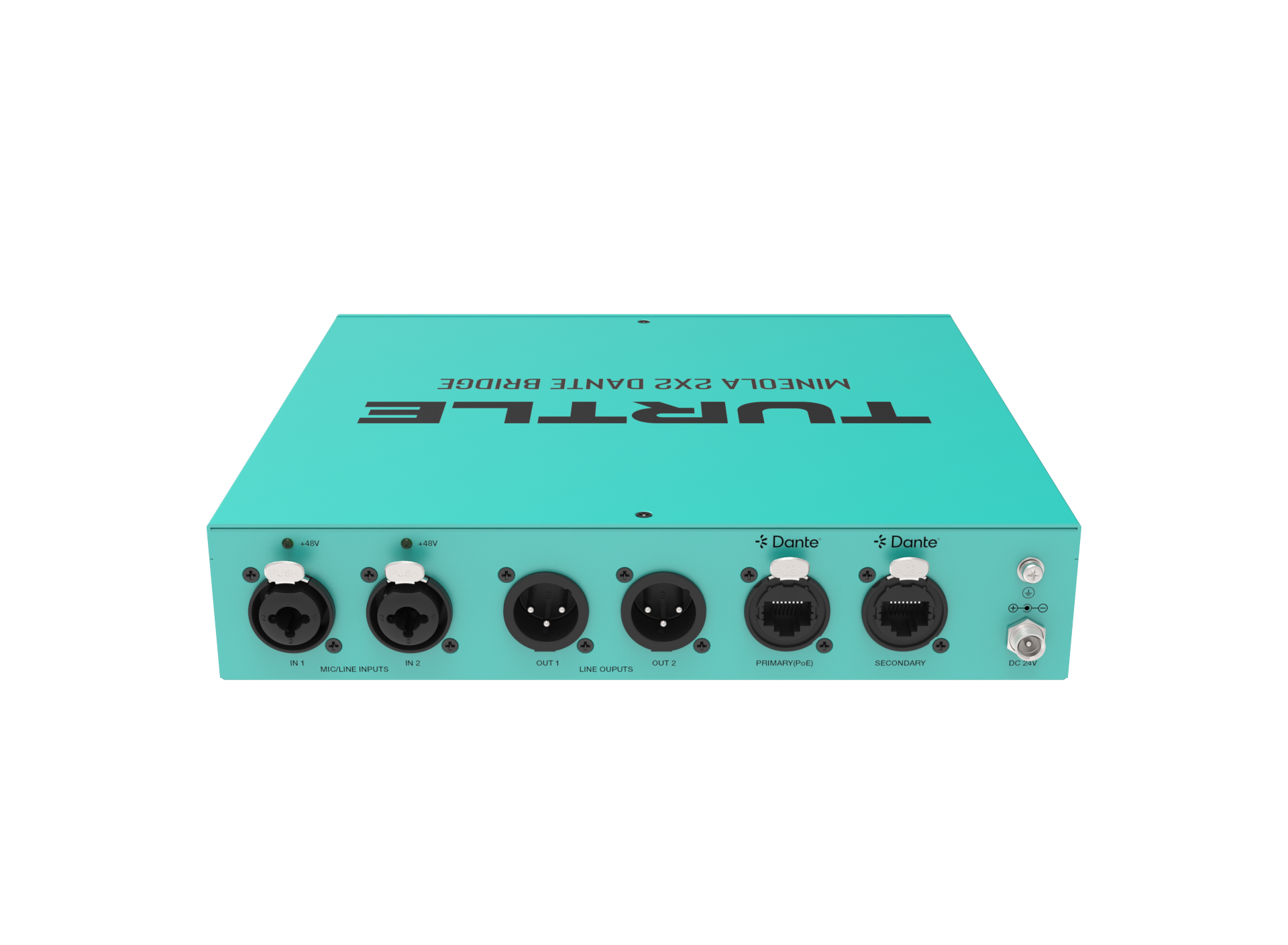 Turquoise audio interface with multiple ports on a white background