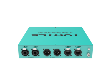 Turquoise audio interface with multiple ports on a white background