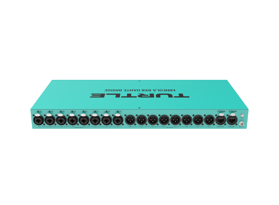 Turquoise network switch with multiple ports on a white background