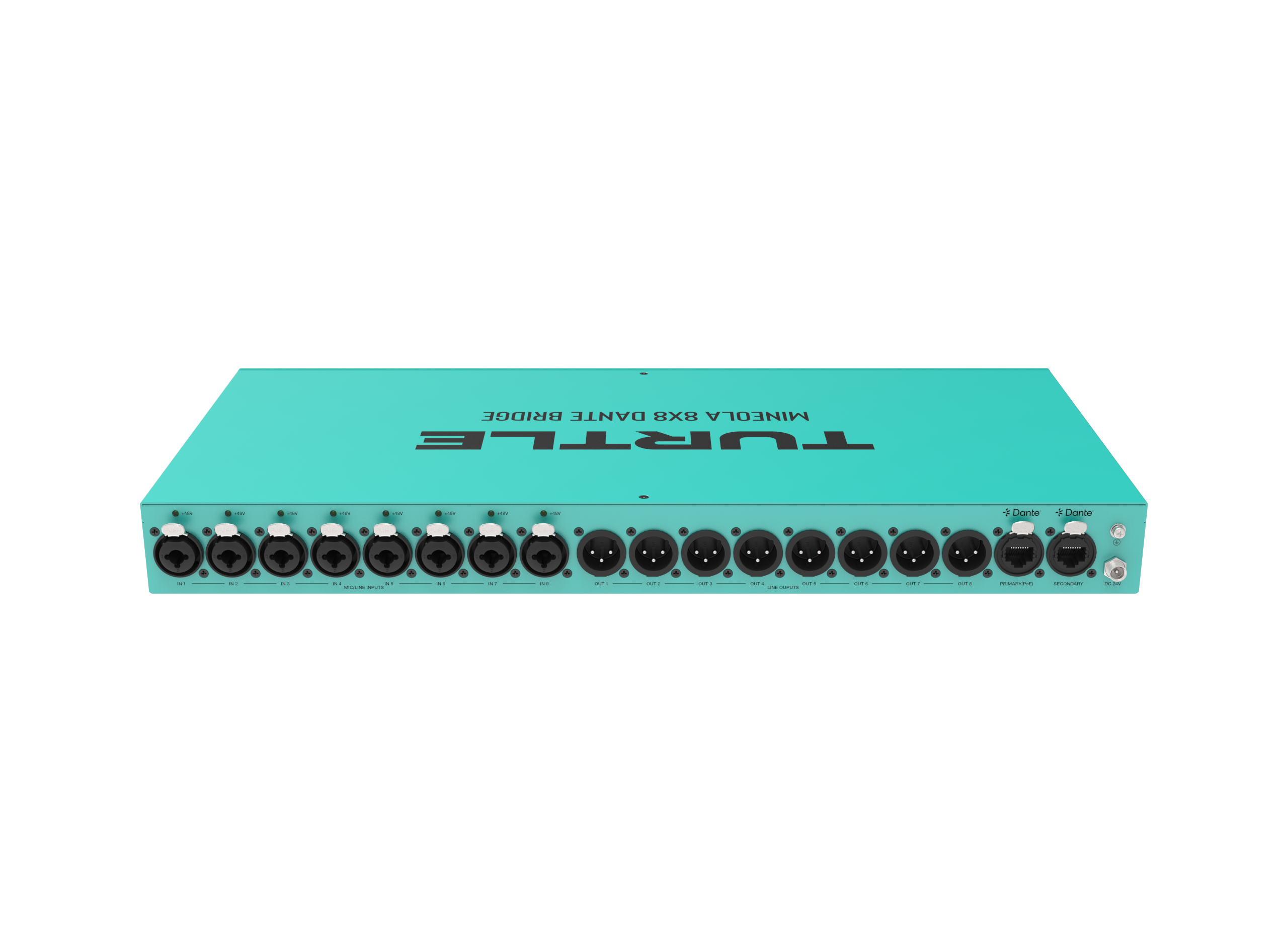 Turquoise network switch with multiple ports on a white background