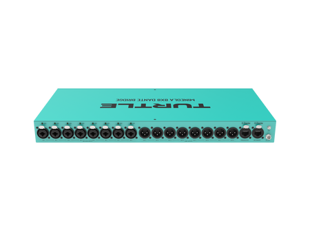 Turquoise network switch with multiple ports on a white background