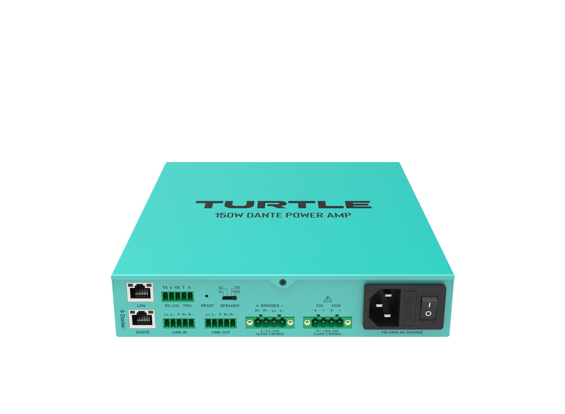 Turquoise power amp with 'Turtle' branding on a white background
