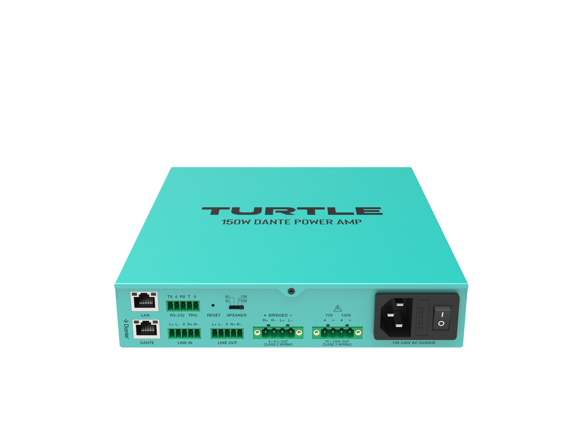 Turquoise power amp with 'Turtle' branding on a white background