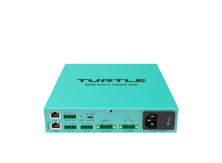 Turquoise power amp with 'Turtle' branding on a white background
