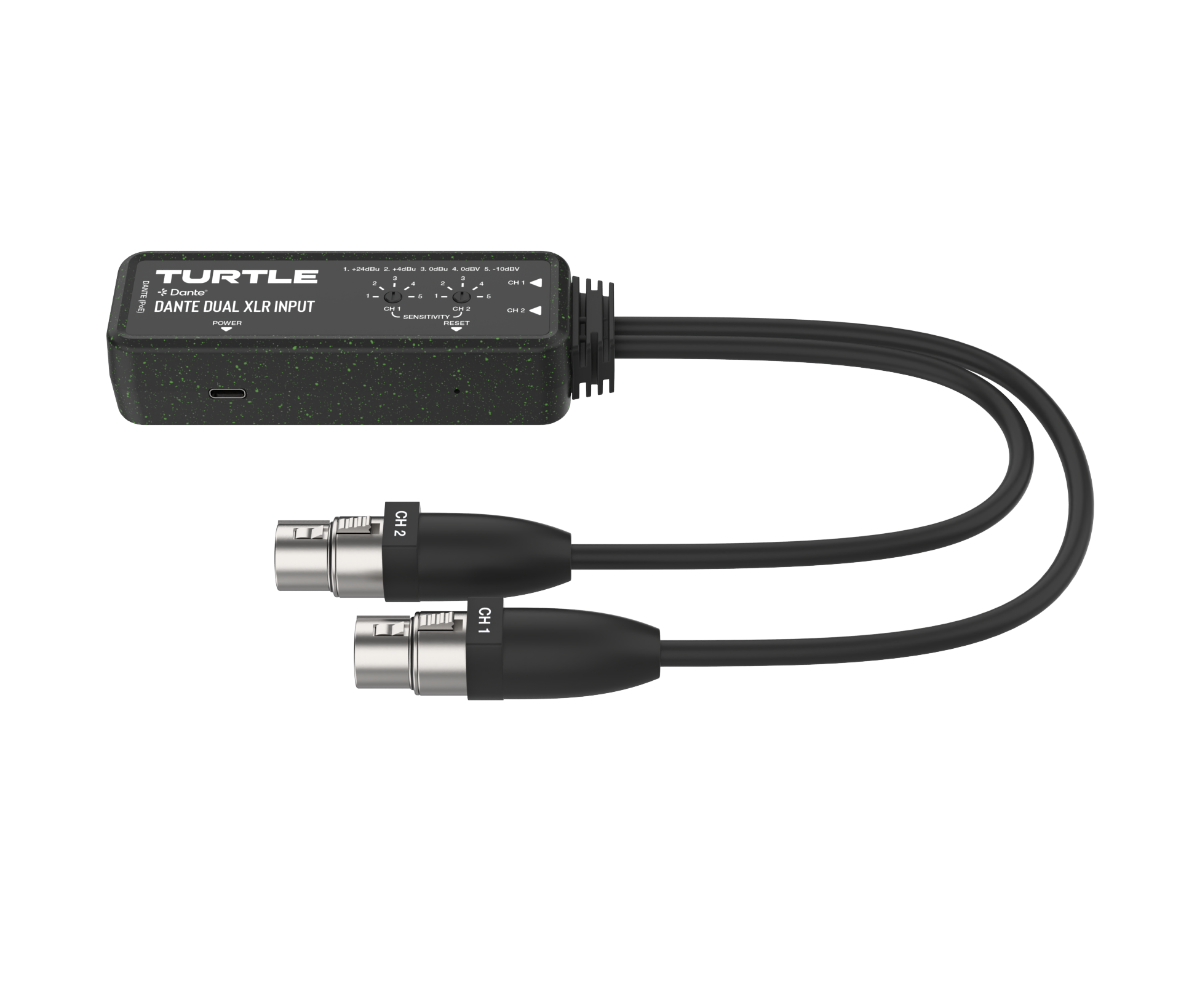 Turtle audio adapter with dual XLR cables on a white background