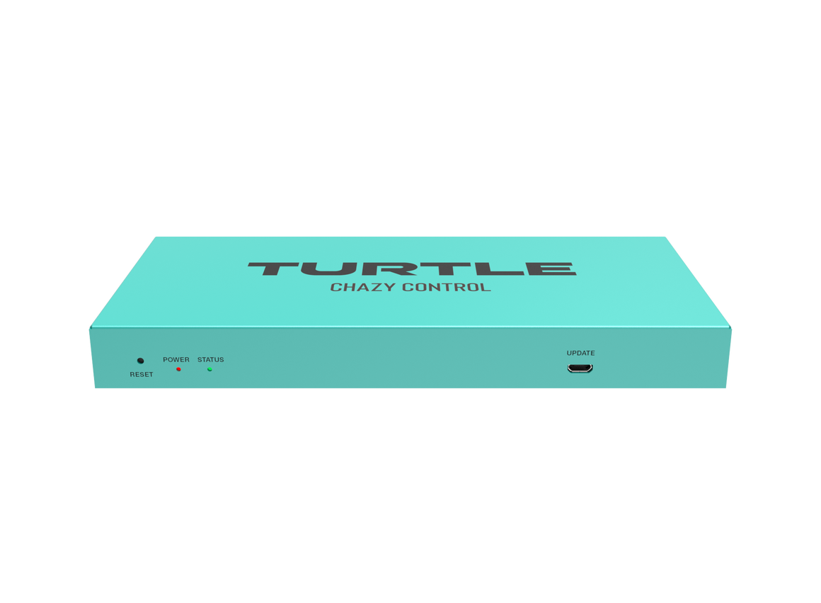 Turquoise electronic device with 'Turtle Chazy Control' branding on a white background