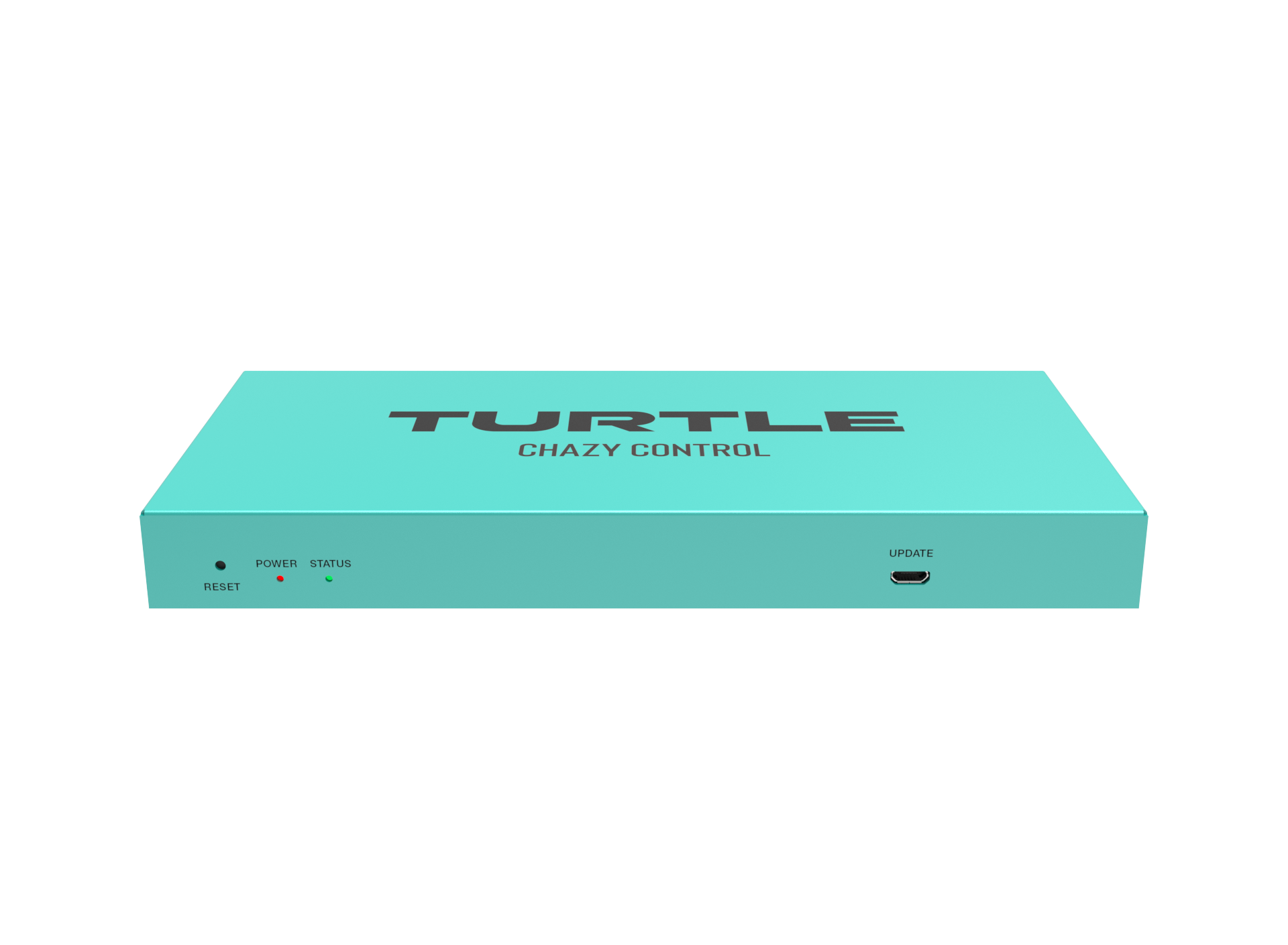 Turquoise electronic device with 'Turtle Chazy Control' branding on a white background
