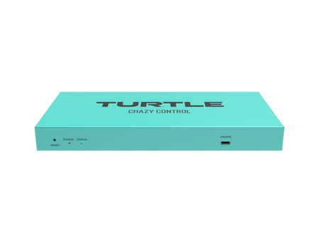 Turquoise electronic device with 'Turtle Chazy Control' branding on a white background