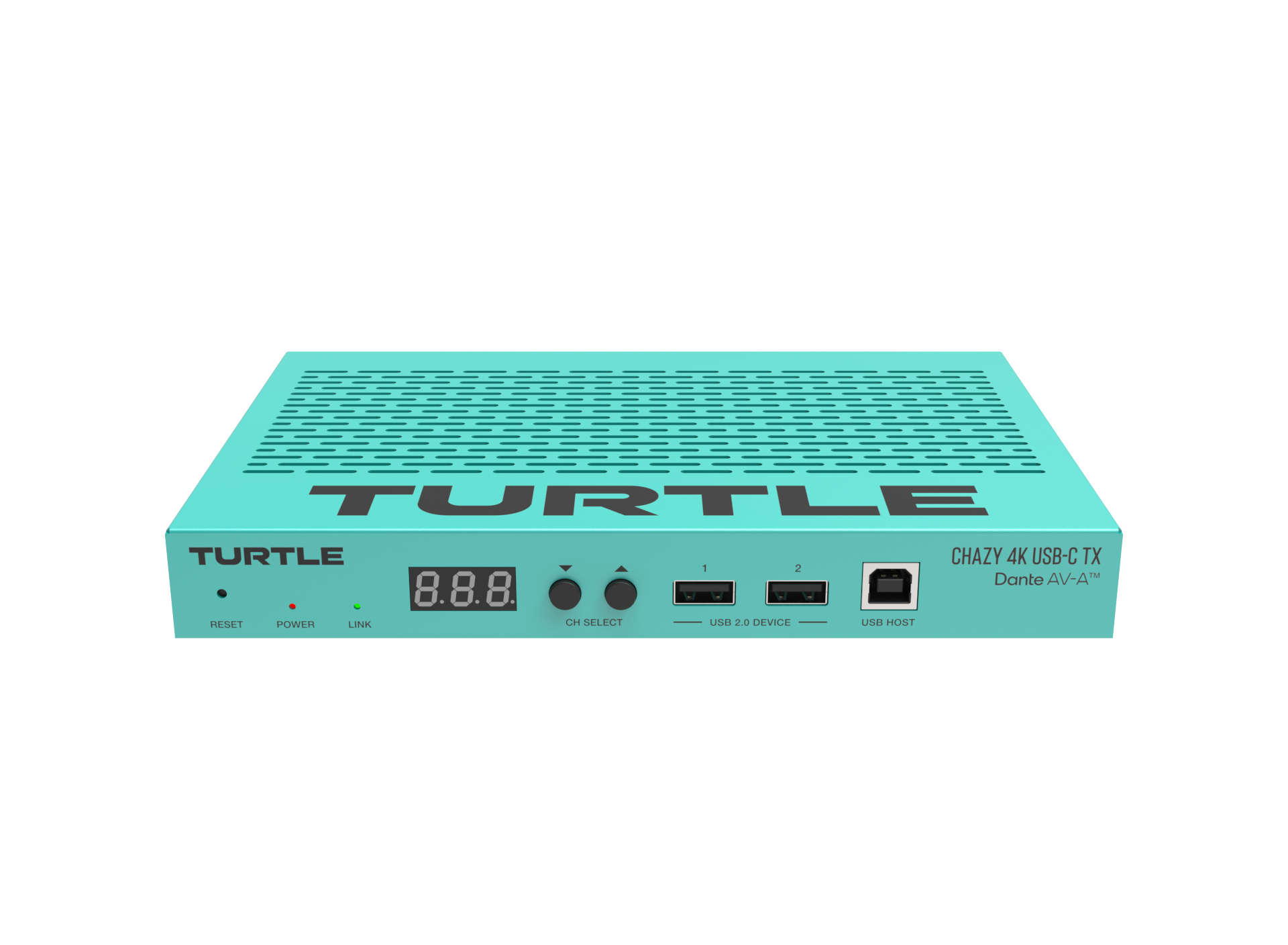 Turquoise electronic device with 'Turtle' branding on a white background