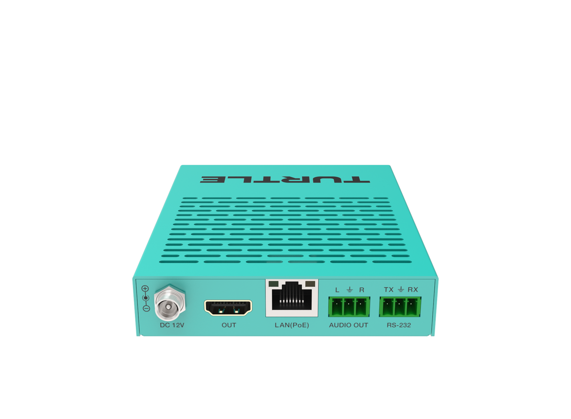 Turquoise electronic device with various ports on a white background
