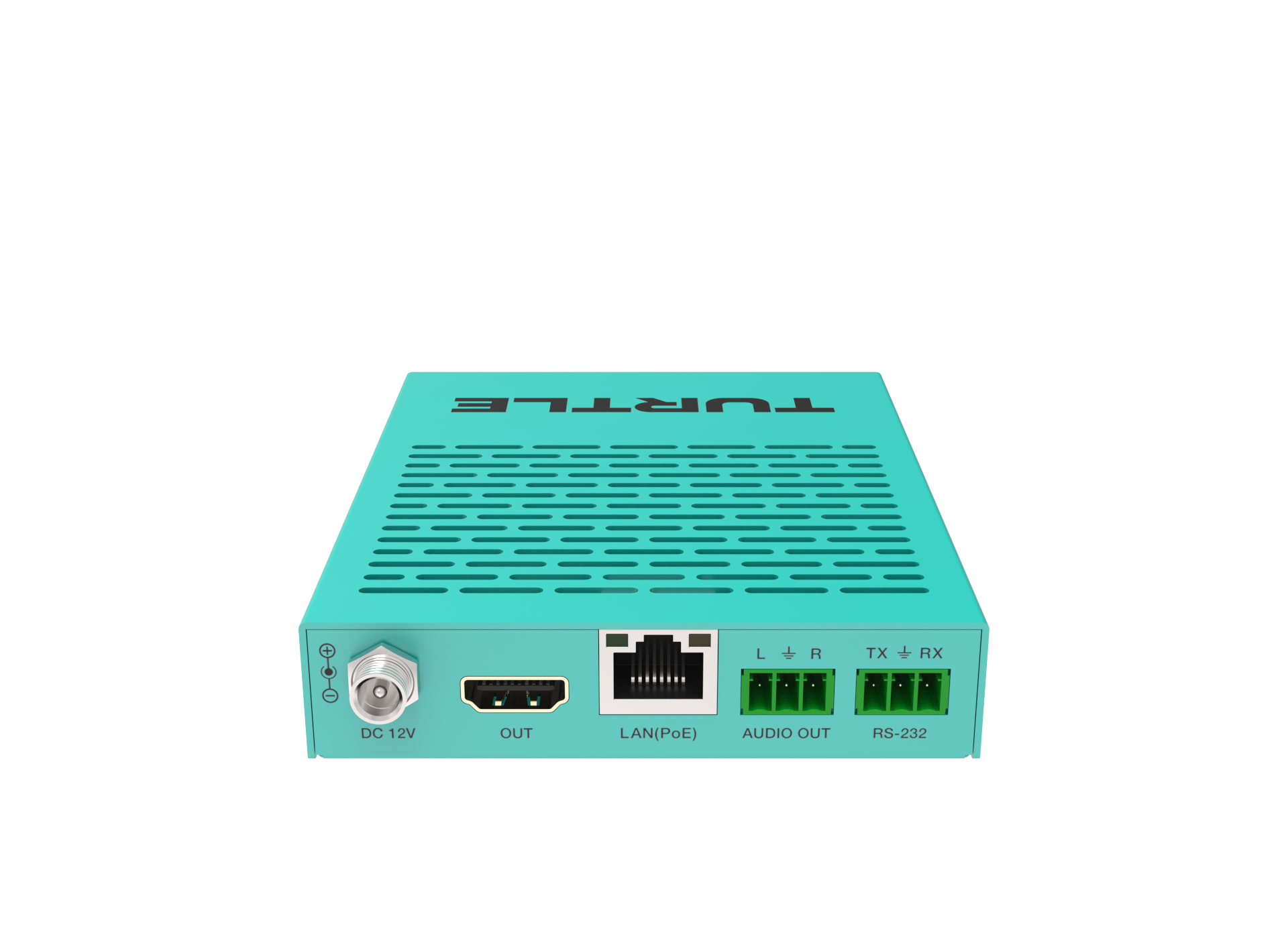 Turquoise electronic device with various ports on a white background