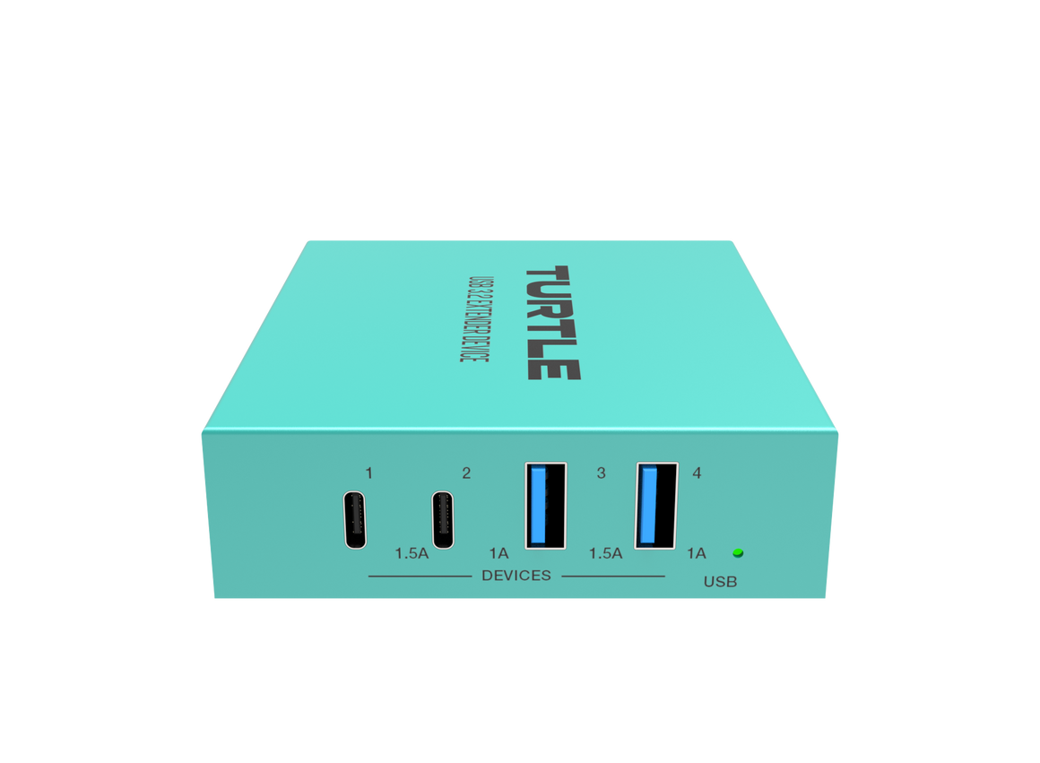 Turquoise USB hub with multiple ports on a white background