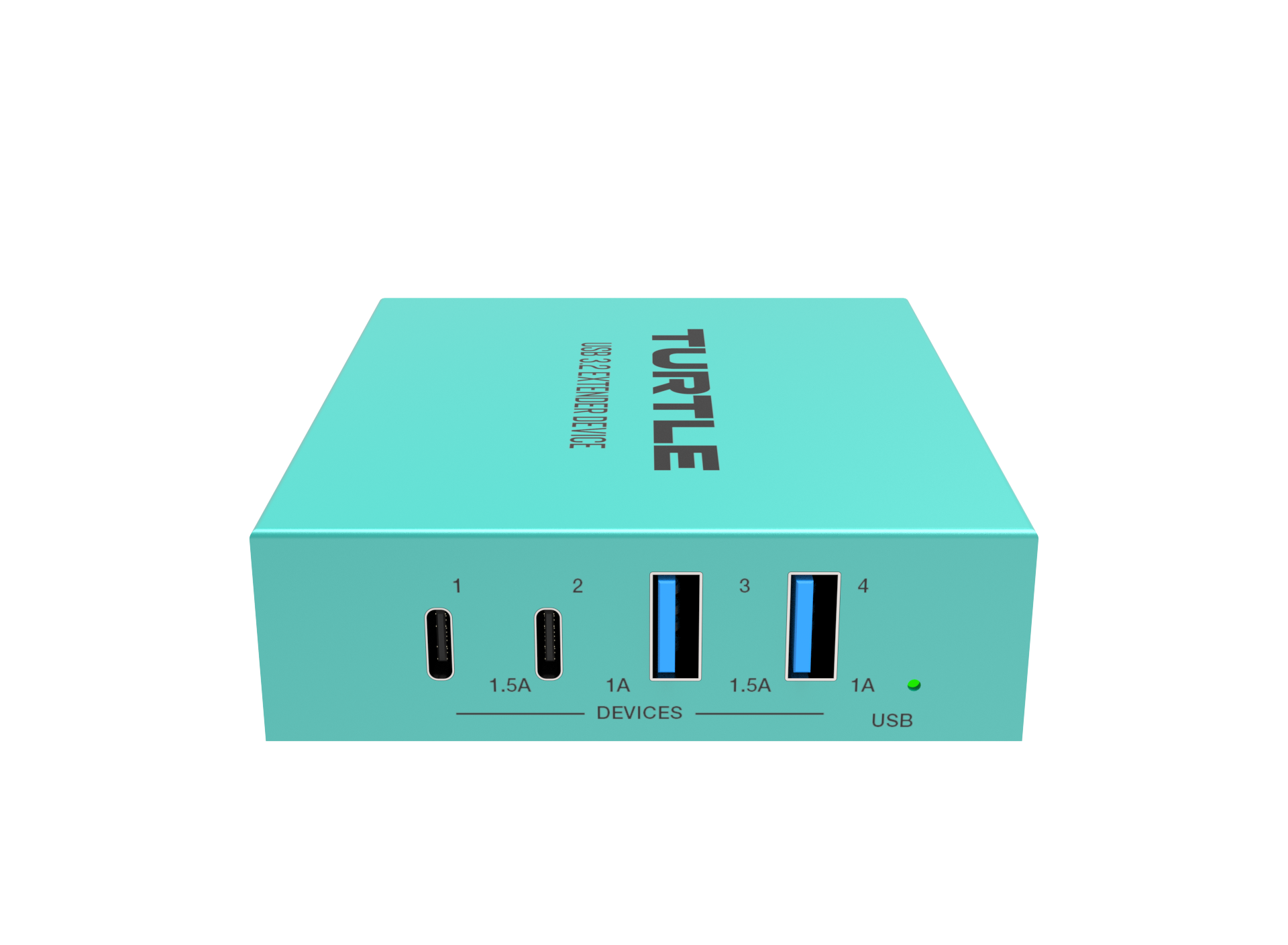 Turquoise USB hub with multiple ports on a white background
