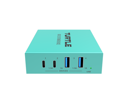 Turquoise USB hub with multiple ports on a white background