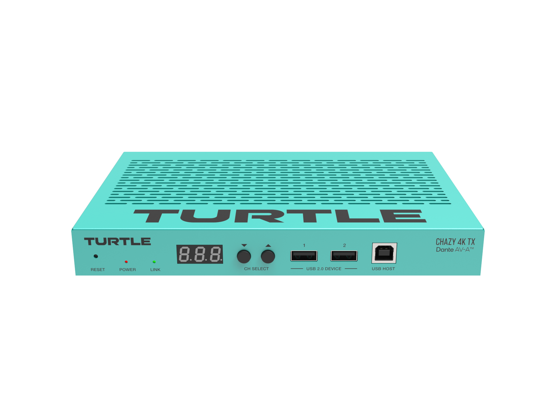 Turquoise electronic device with 'TURTLE' branding on a white background