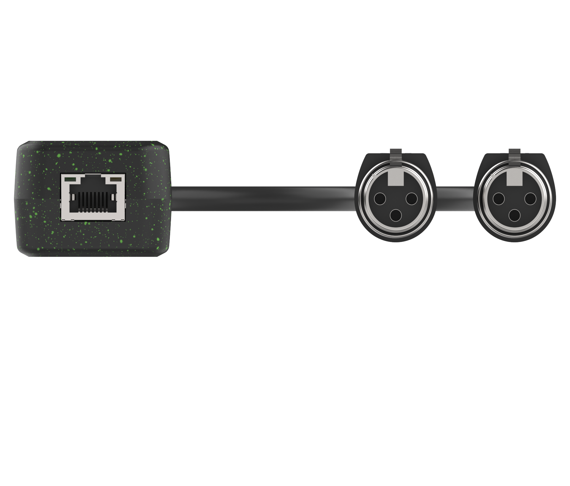 Black audio interface with Ethernet and XLR connectors on a white background